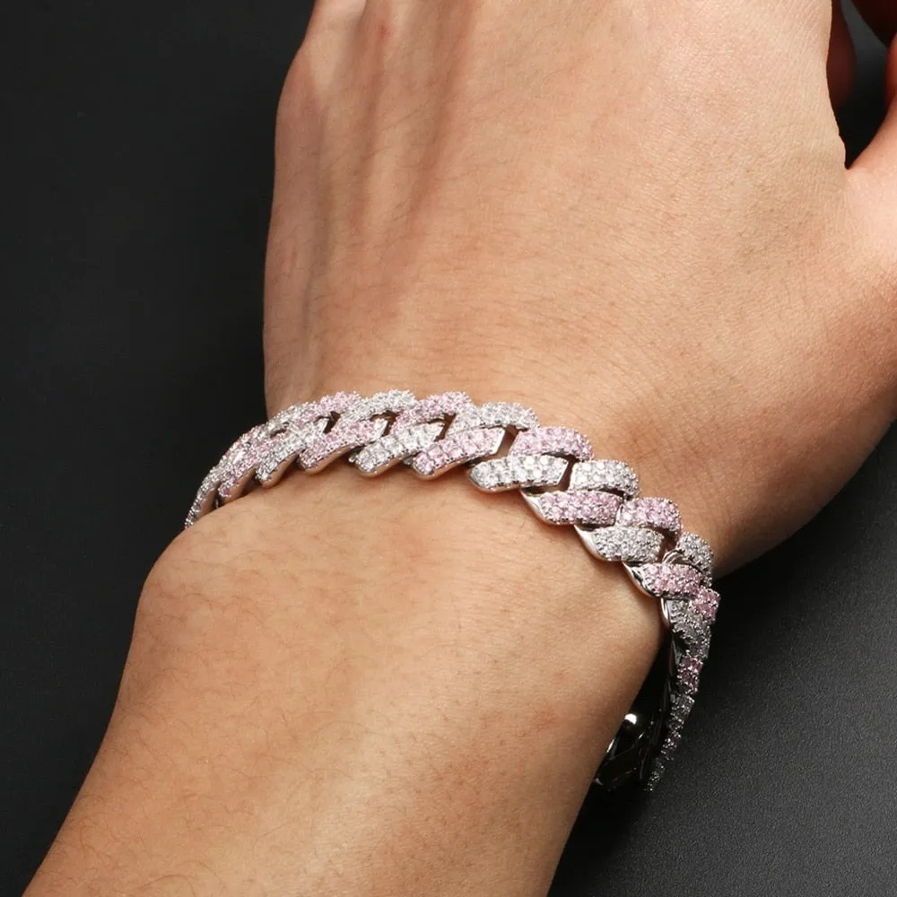 13mm Cuban Chain Bracelet Hip Hop Jewelry- 3 Row Rhinestones Iced Out Pink Silver Bracelet