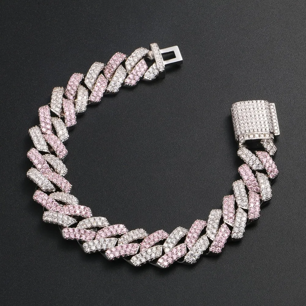 13mm Cuban Chain Bracelet Hip Hop Jewelry- 3 Row Rhinestones Iced Out Pink Silver Bracelet