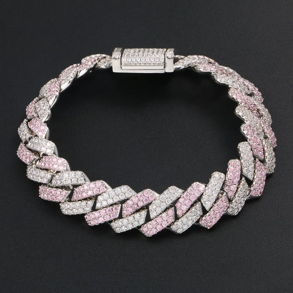 13mm Cuban Chain Bracelet Hip Hop Jewelry- 3 Row Rhinestones Iced Out Pink Silver Bracelet