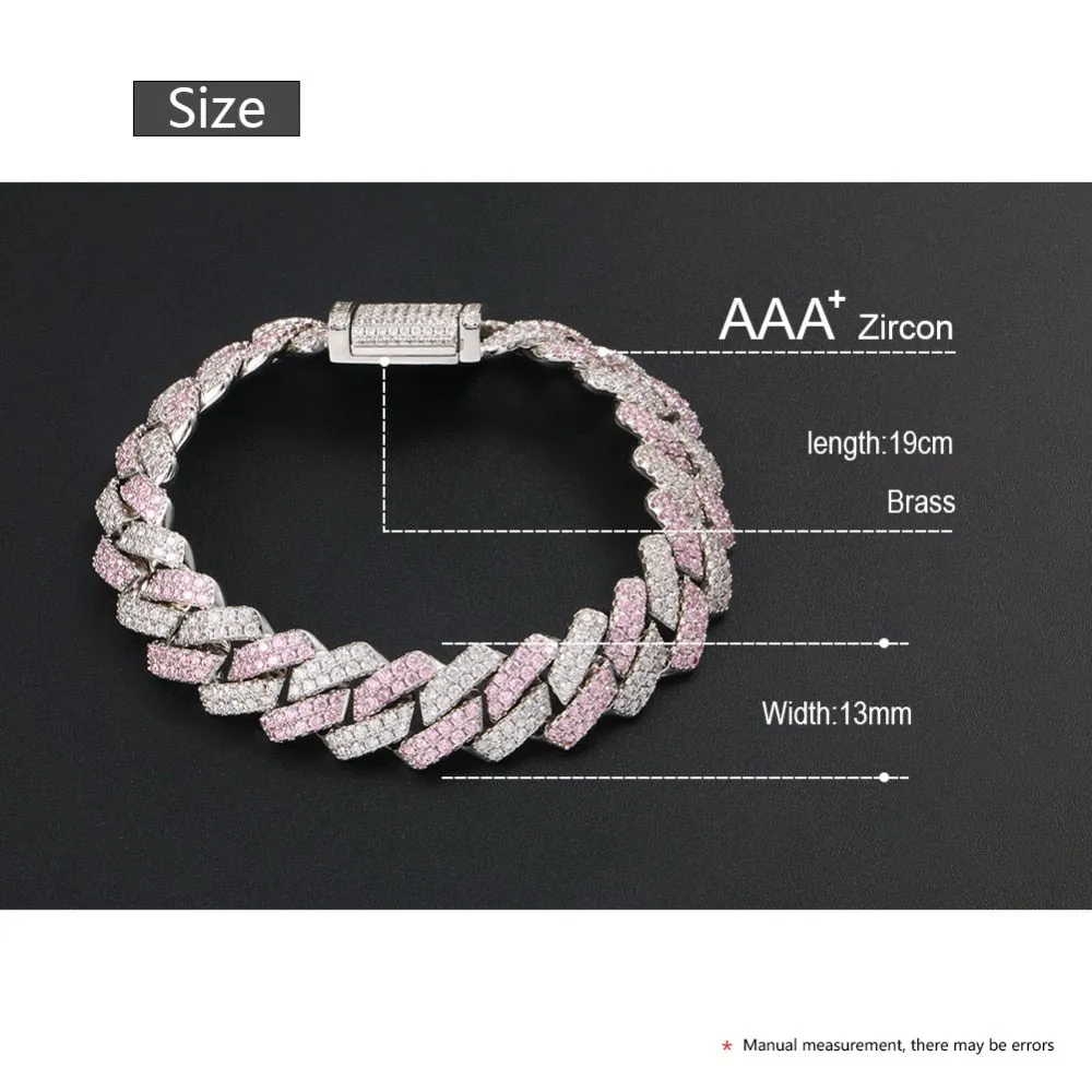 13mm Cuban Chain Bracelet Hip Hop Jewelry- 3 Row Rhinestones Iced Out Pink Silver Bracelet