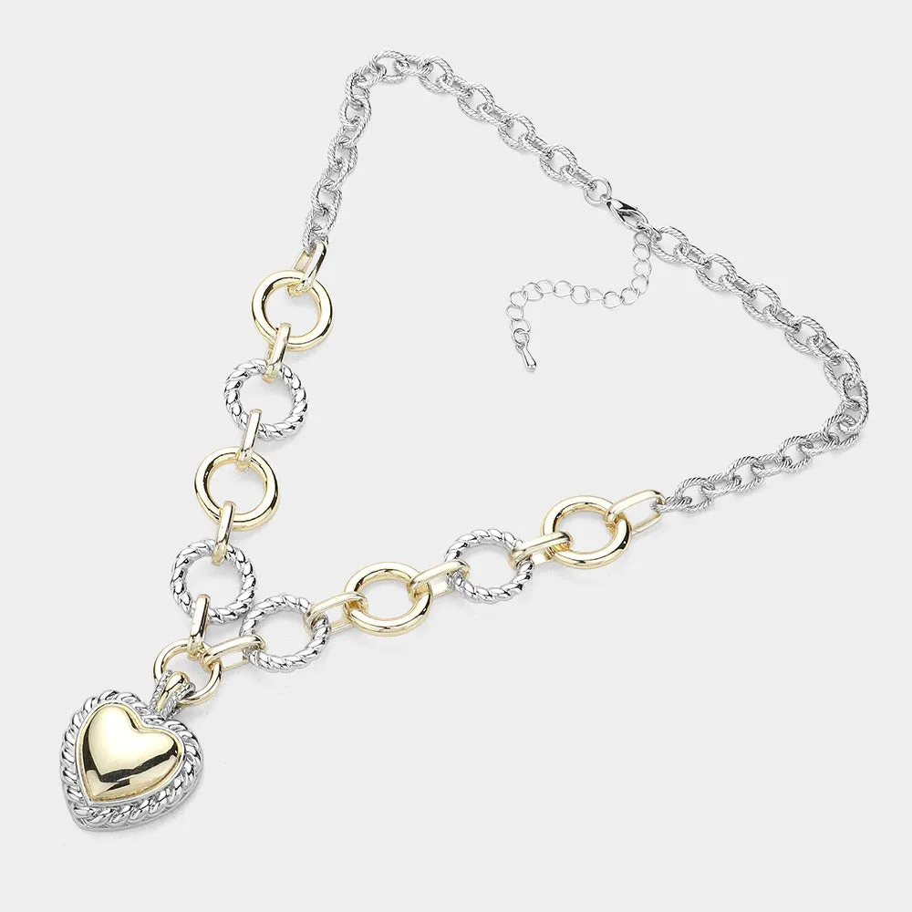 14K Gold Plated Two Tone Textured Metal Heart Pendant Necklace for Women