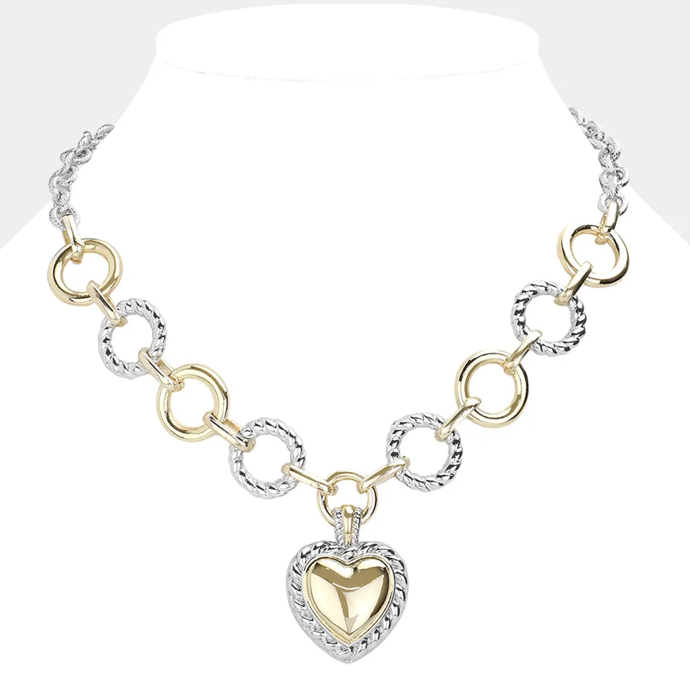 14K Gold Plated Two Tone Textured Metal Heart Pendant Necklace for Women