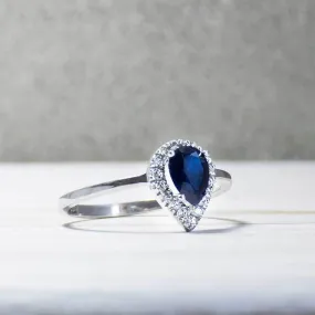 14K White Gold Drop Blue Cubic Zirconia 7X5mm Ring