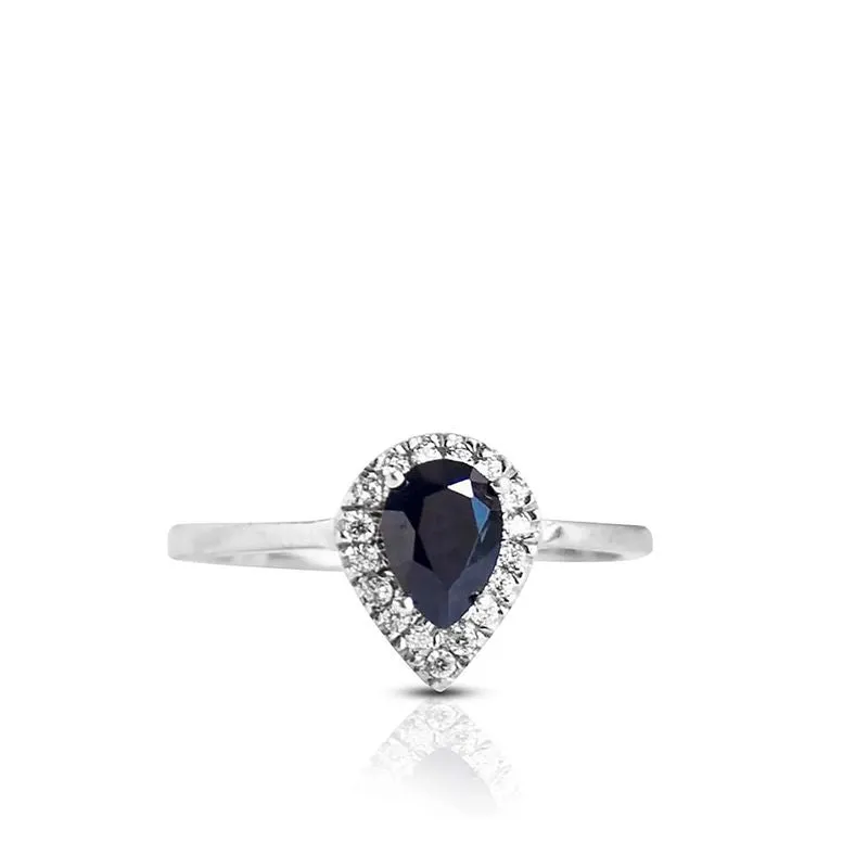 14K White Gold Drop Blue Cubic Zirconia 7X5mm Ring