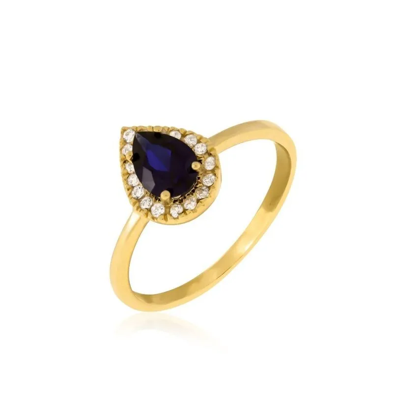 14K Yellow Gold Drop Blue Cubic Zirconia 7X5mm Ring