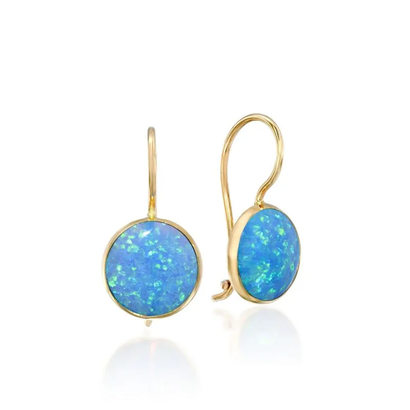 14K Yellow Gold Round Blue Opal 8mm Dangle Earrings