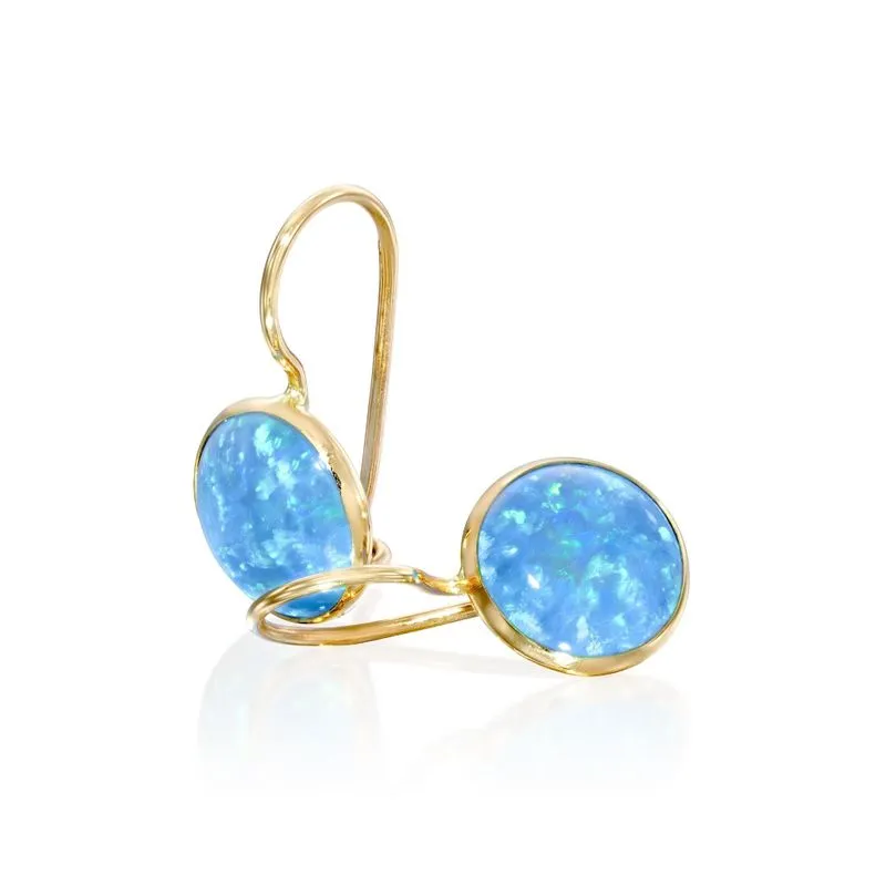 14K Yellow Gold Round Blue Opal 8mm Dangle Earrings