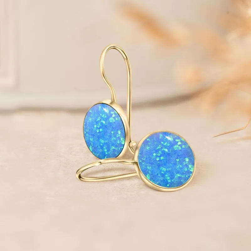 14K Yellow Gold Round Blue Opal 8mm Dangle Earrings