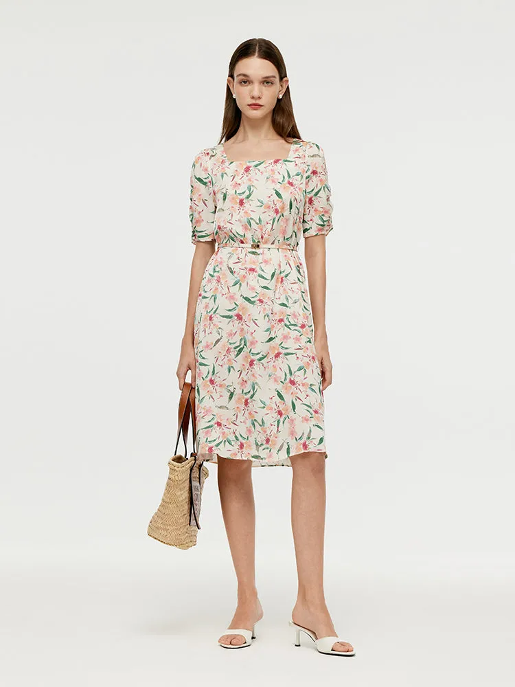 19 Momme Mulberry Silk Floral Printed Women Mini Dress With Belt