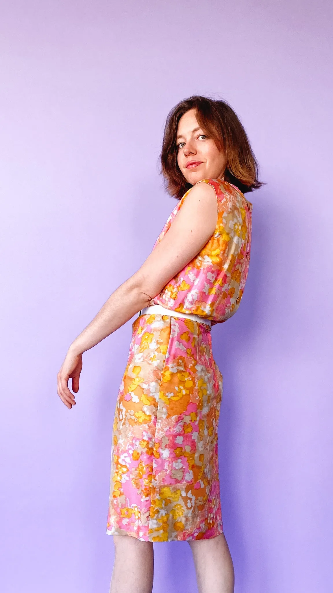 1960s Pink and Yellow Abstract Floral Dress, sz. S