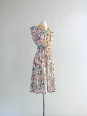 1970's Soft Floral Day Dress With Pleated Skirt / Medium