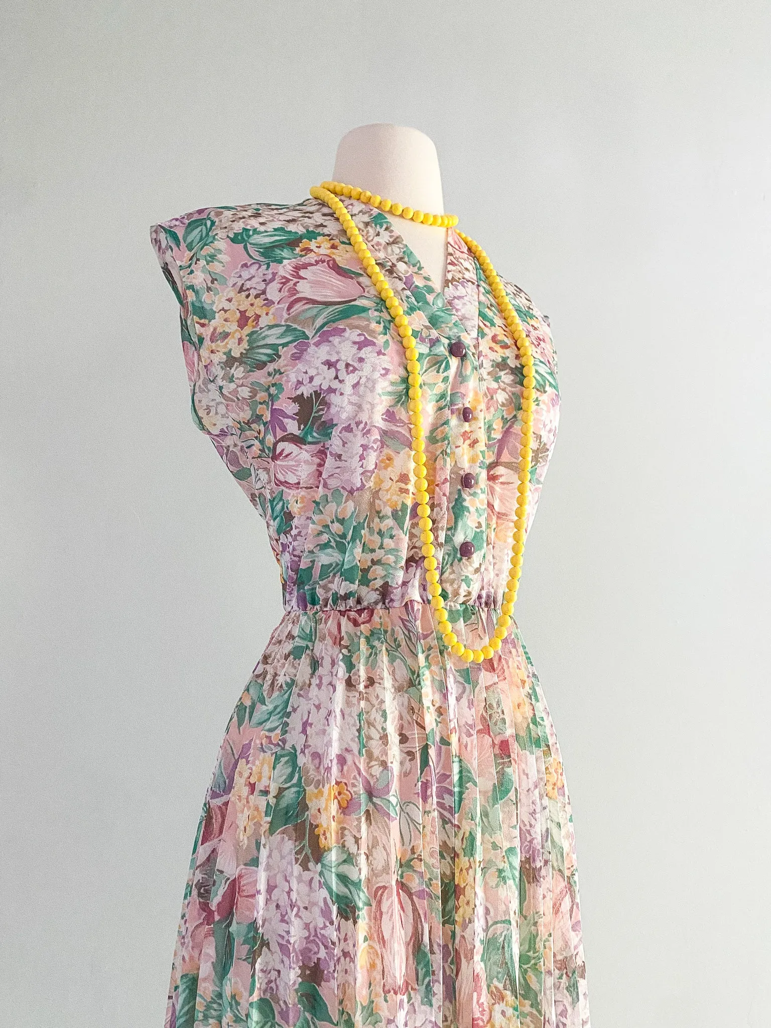 1970's Soft Floral Day Dress With Pleated Skirt / Medium