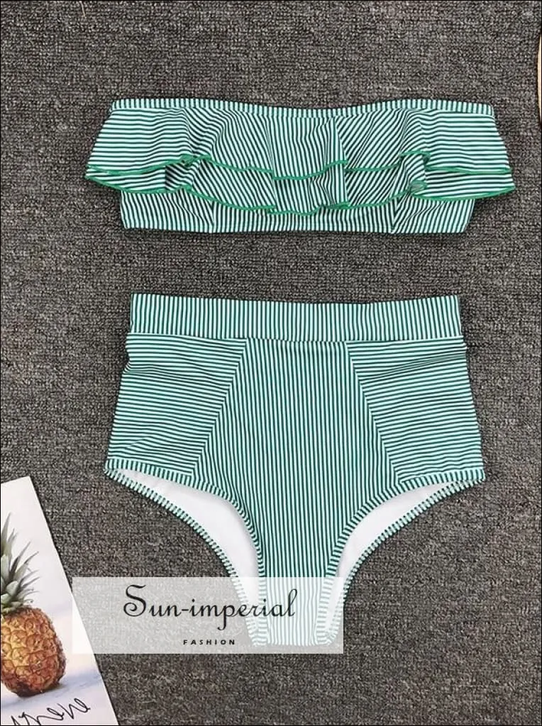 2 Piece Swimsuit Bandeau Bikini High Waisted - Striped Blue