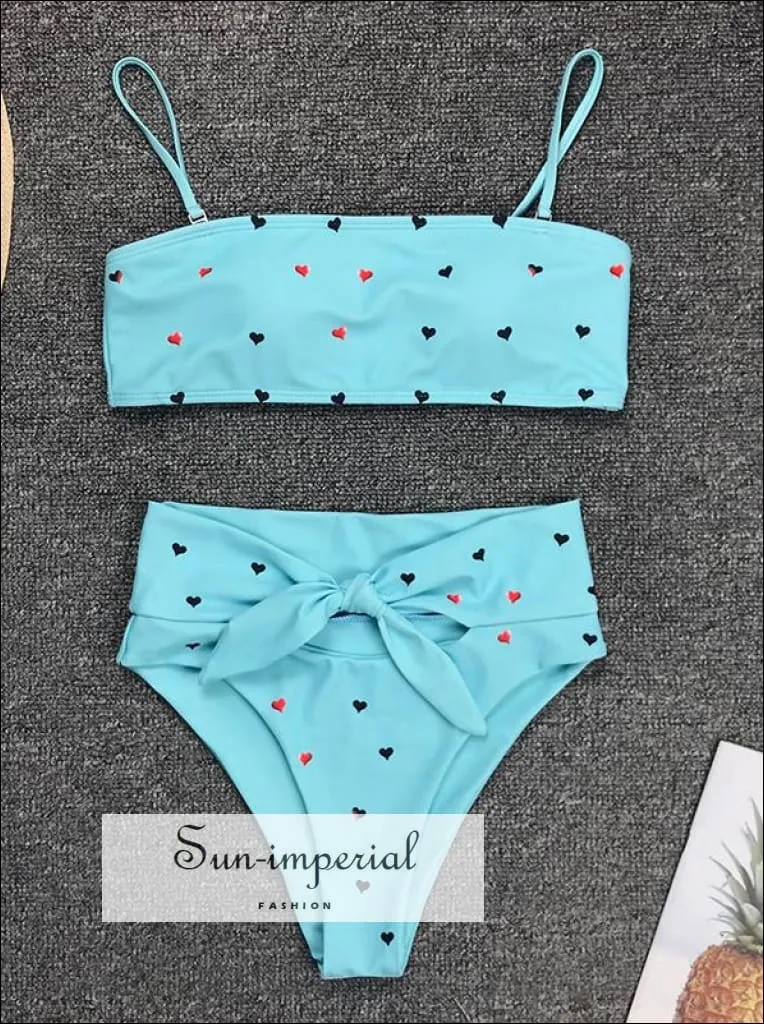 2 Piece Swimsuit Bandeau Bikini High Waisted - Striped Blue