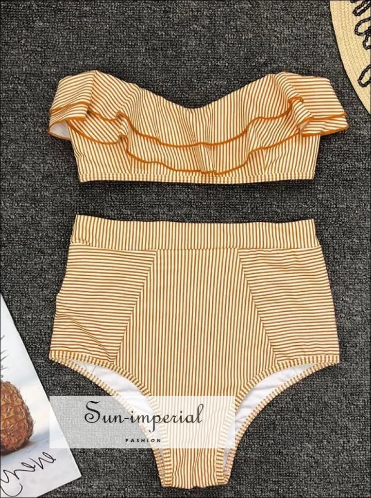 2 Piece Swimsuit Bandeau Bikini High Waisted - Striped Blue