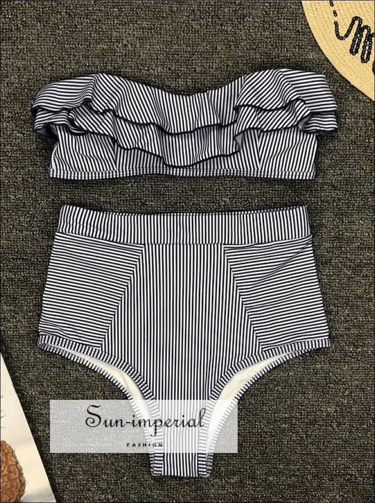 2 Piece Swimsuit Bandeau Bikini High Waisted - Striped Blue