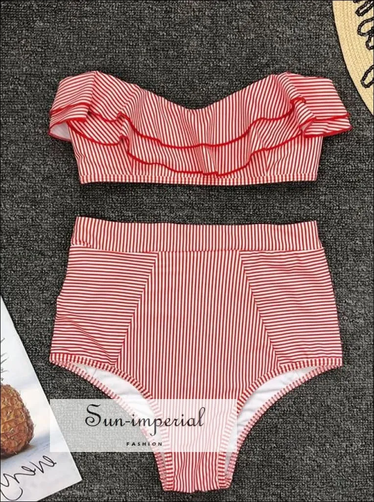 2 Piece Swimsuit Bandeau Bikini High Waisted - Striped Blue