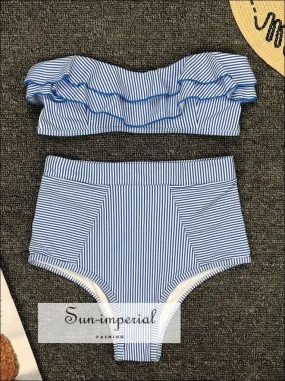 2 Piece Swimsuit Bandeau Bikini High Waisted - Striped Blue