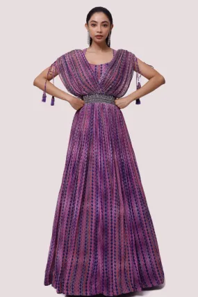 50Z920-RO Purple Printed Cutdana and Sequin Work Georgette Gown