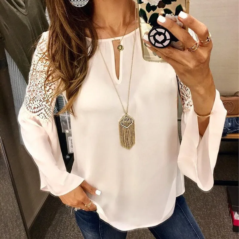 5XL Women Blouses Chiffon Lace Patchwork Flare Sleeve Blusas Work Shirts