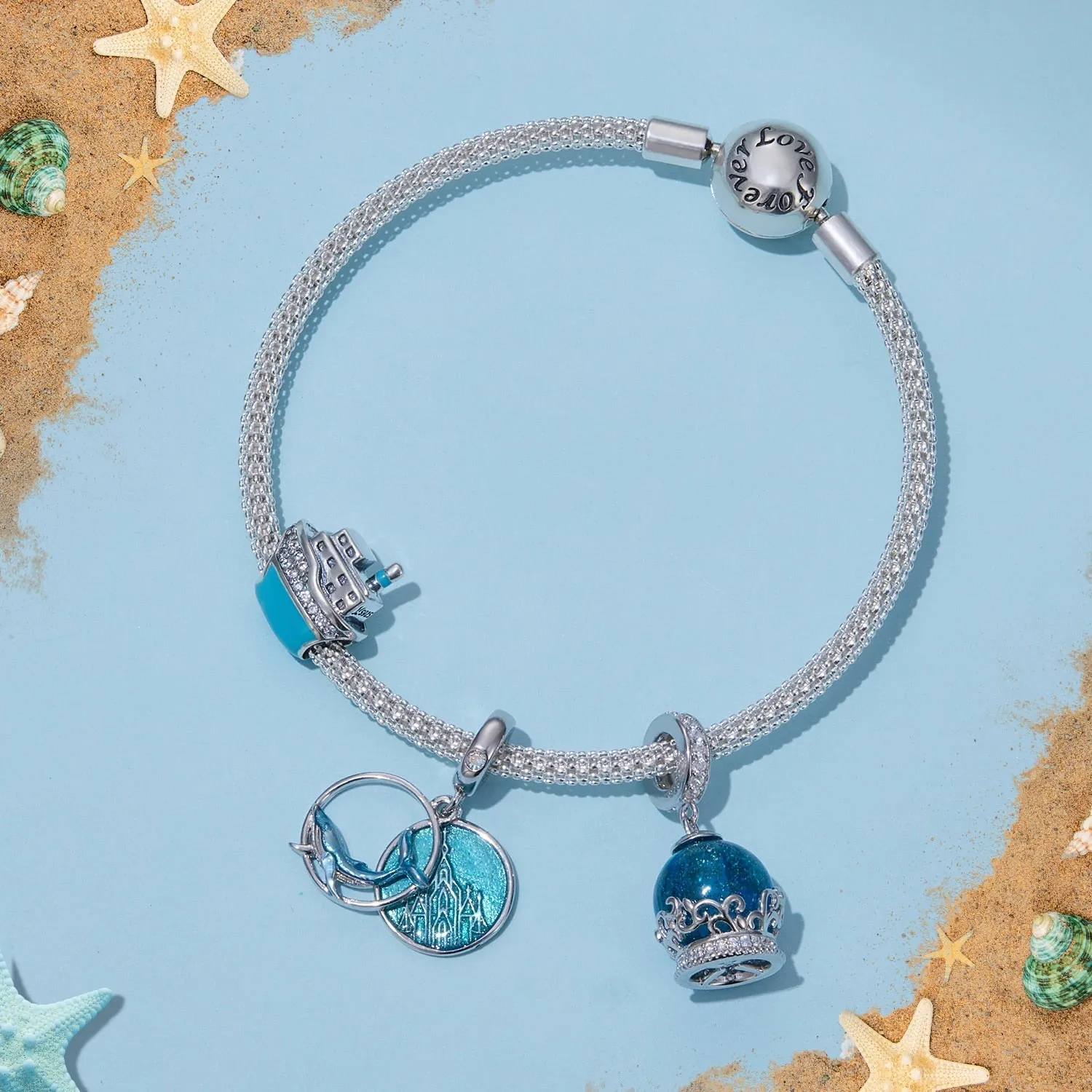 925 Sterling Silver Blue Crystal Ball Hanging Charms Bracelet for Women