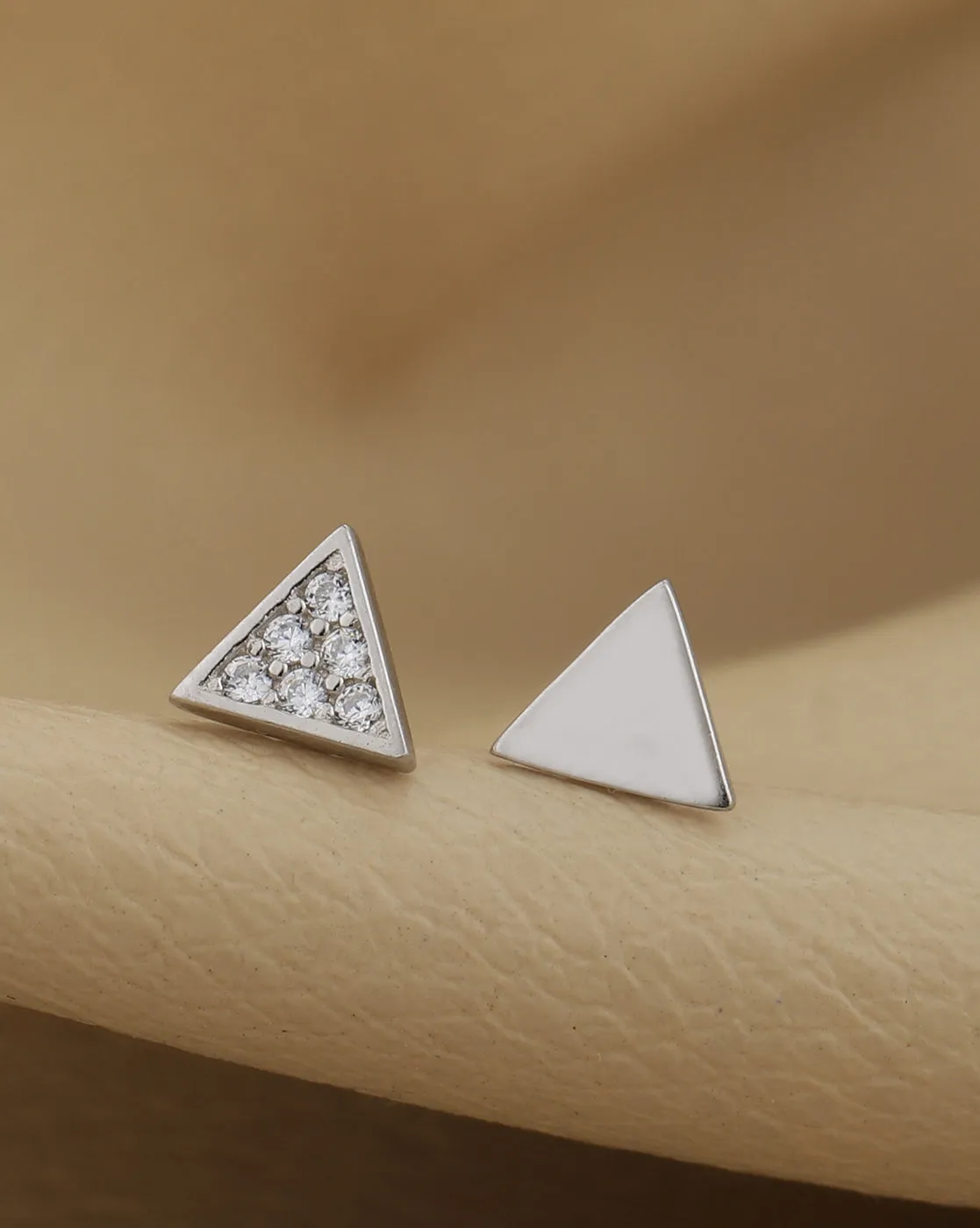 925 Sterling Silver Rhodium Plated with CZ Triangular Stud Mismatch Earring for women