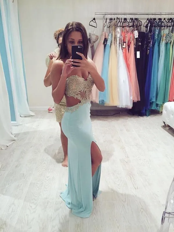 A Line Baby Blue Backless Long Lace Prom Dress, Mermaid Long Lace Formal Dress