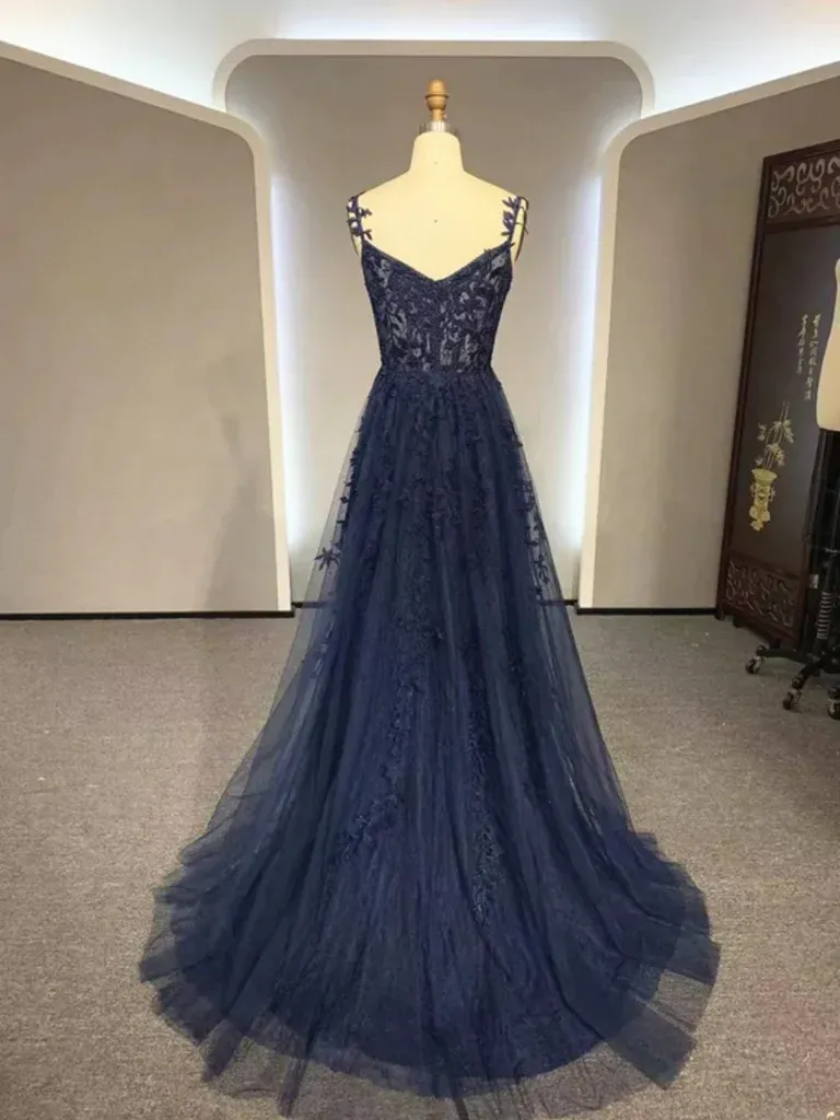 A Line V Neck Navy Blue Lace Long Prom Dresses, Navy Blue Lace Formal Evening Dresses