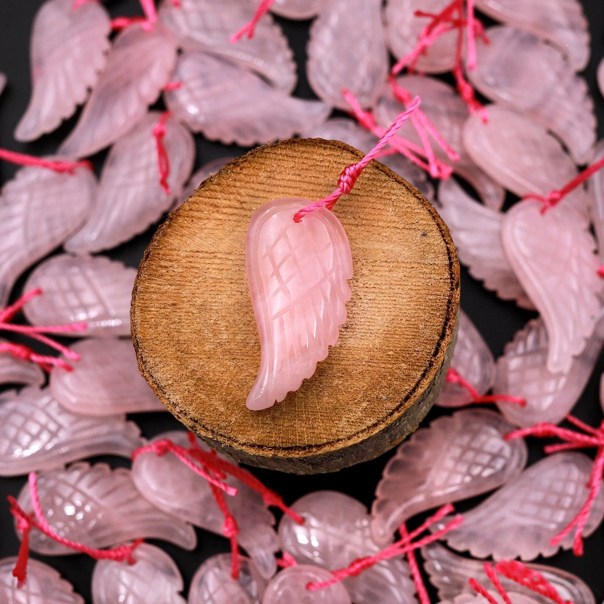 AAA Hand Carved Natural Pink Rose Quartz Angel Wing Pendant Bead Drilled Gemstone