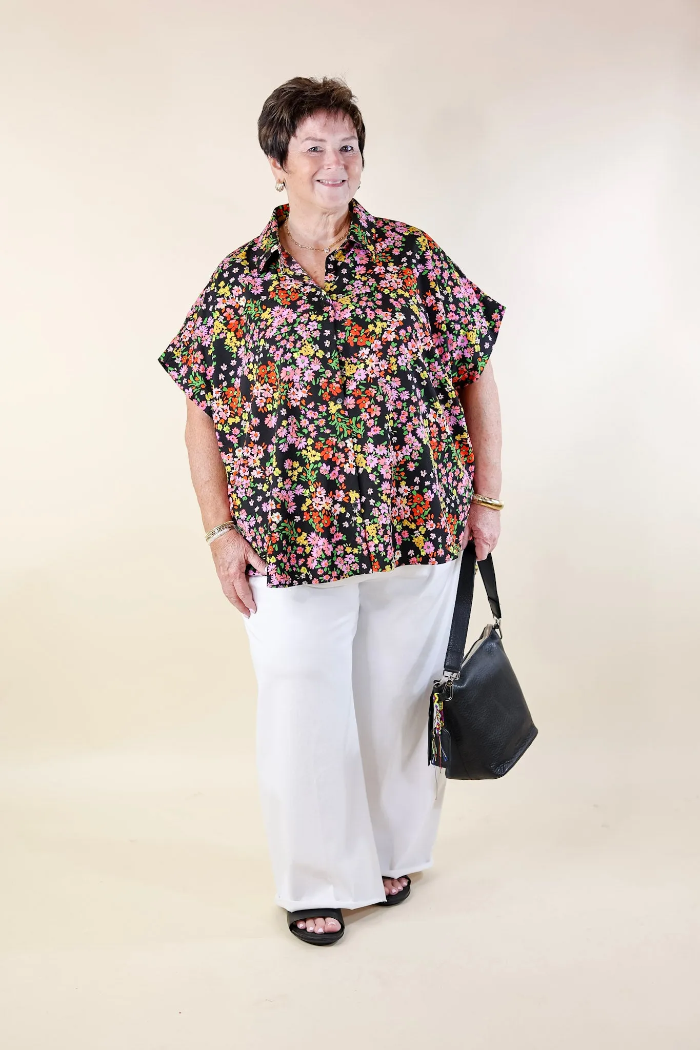 Adventure Awaits Floral Print Top with Collar in Black