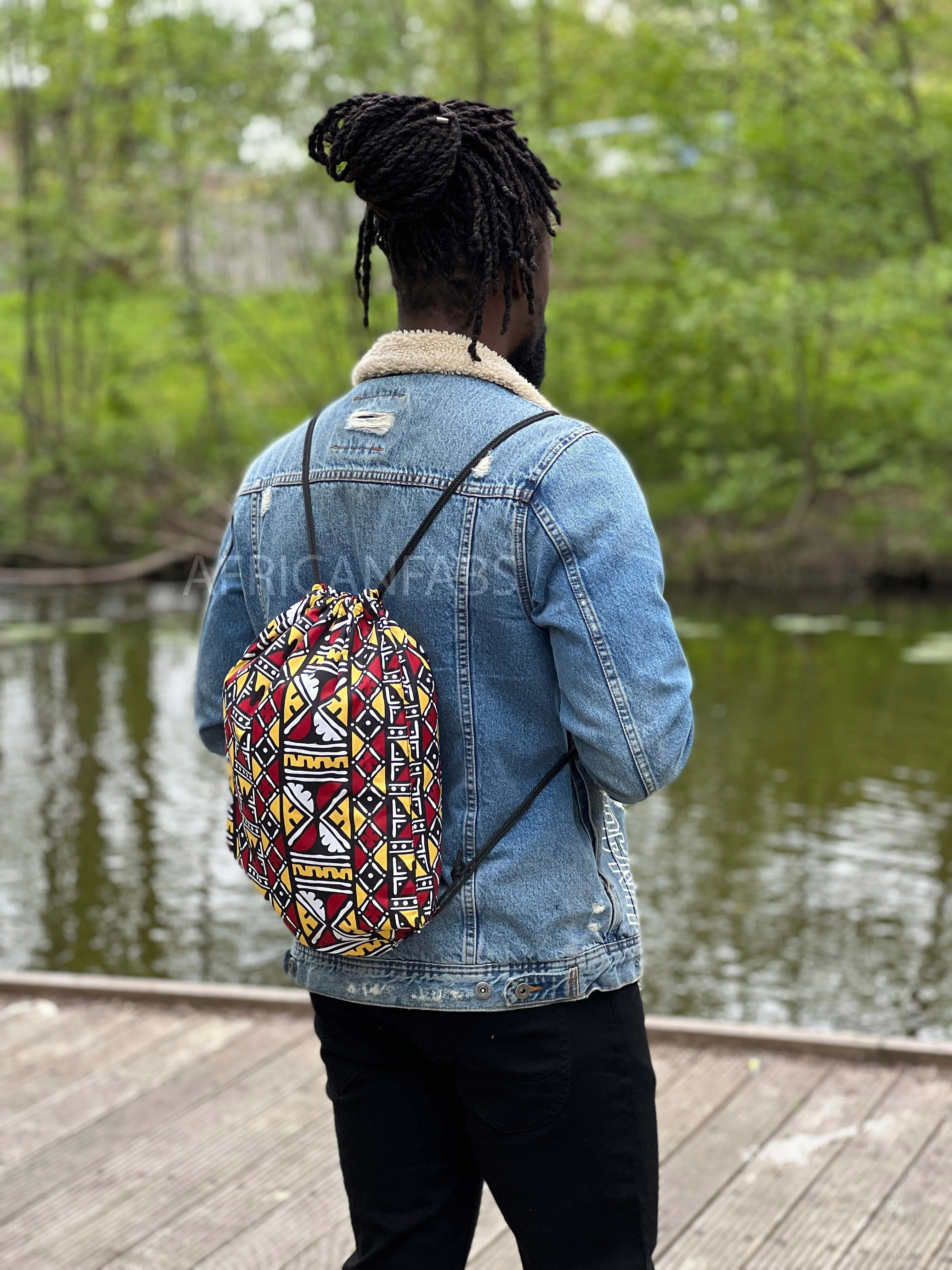 African Print Drawstring Bag / Gym Sack / School bag / Ankara Backpack / Festival Bag - yellow / burgundy bogolan