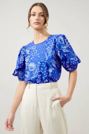 AMAYA MIXED PRINT MOONEY BLUE FORAL RUFFLE PUFF SLEEVE SHORT SLEEVE BLOUSE