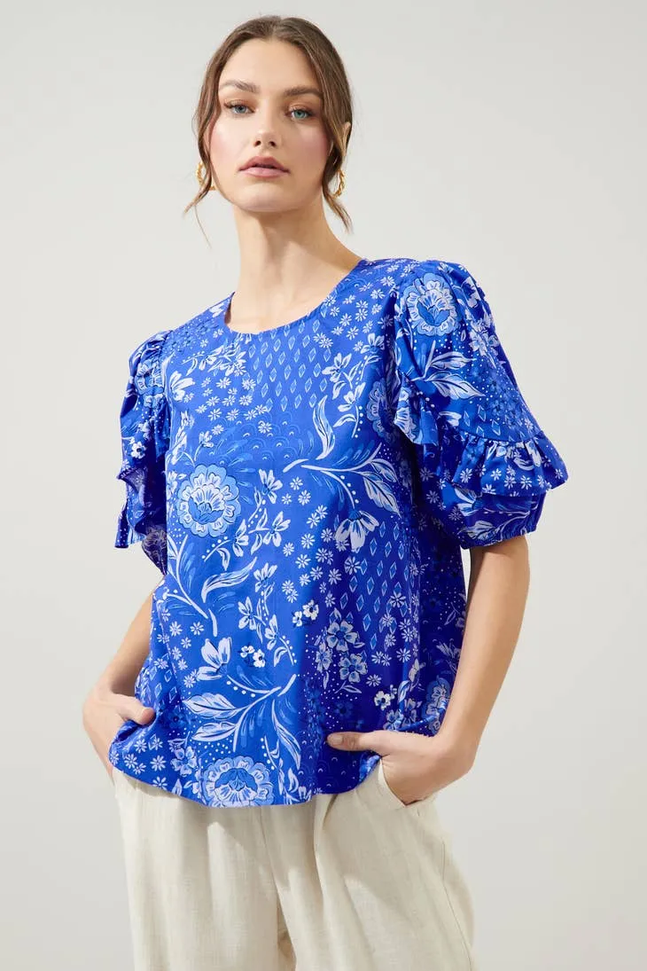 AMAYA MIXED PRINT MOONEY BLUE FORAL RUFFLE PUFF SLEEVE SHORT SLEEVE BLOUSE