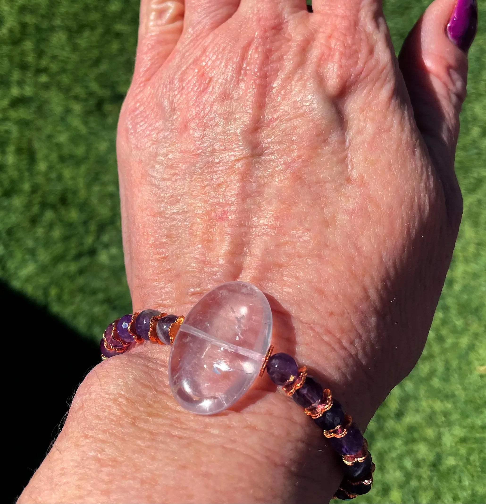 Amethyst gemstone and copper crystal beaded stretch bracelet