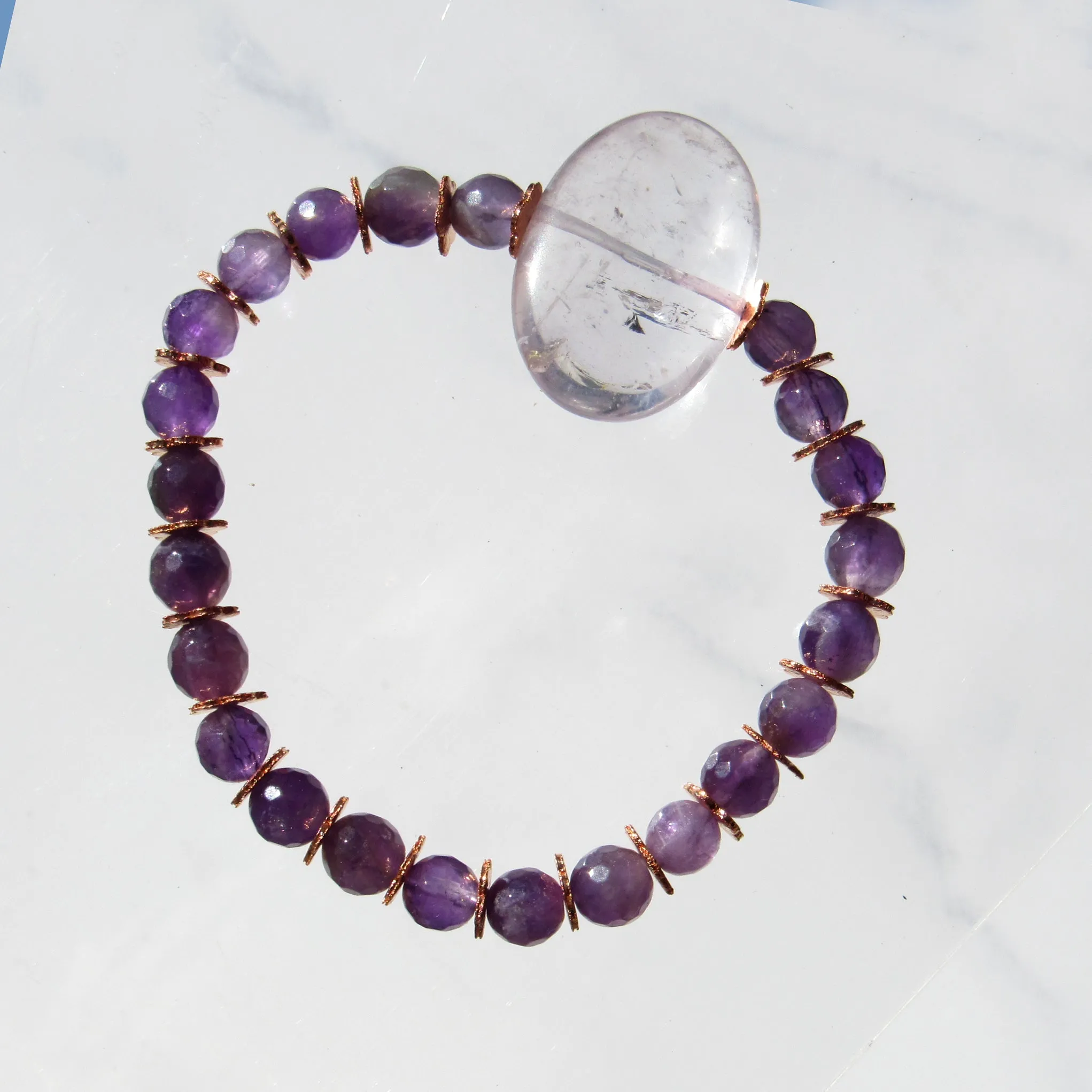 Amethyst gemstone and copper crystal beaded stretch bracelet