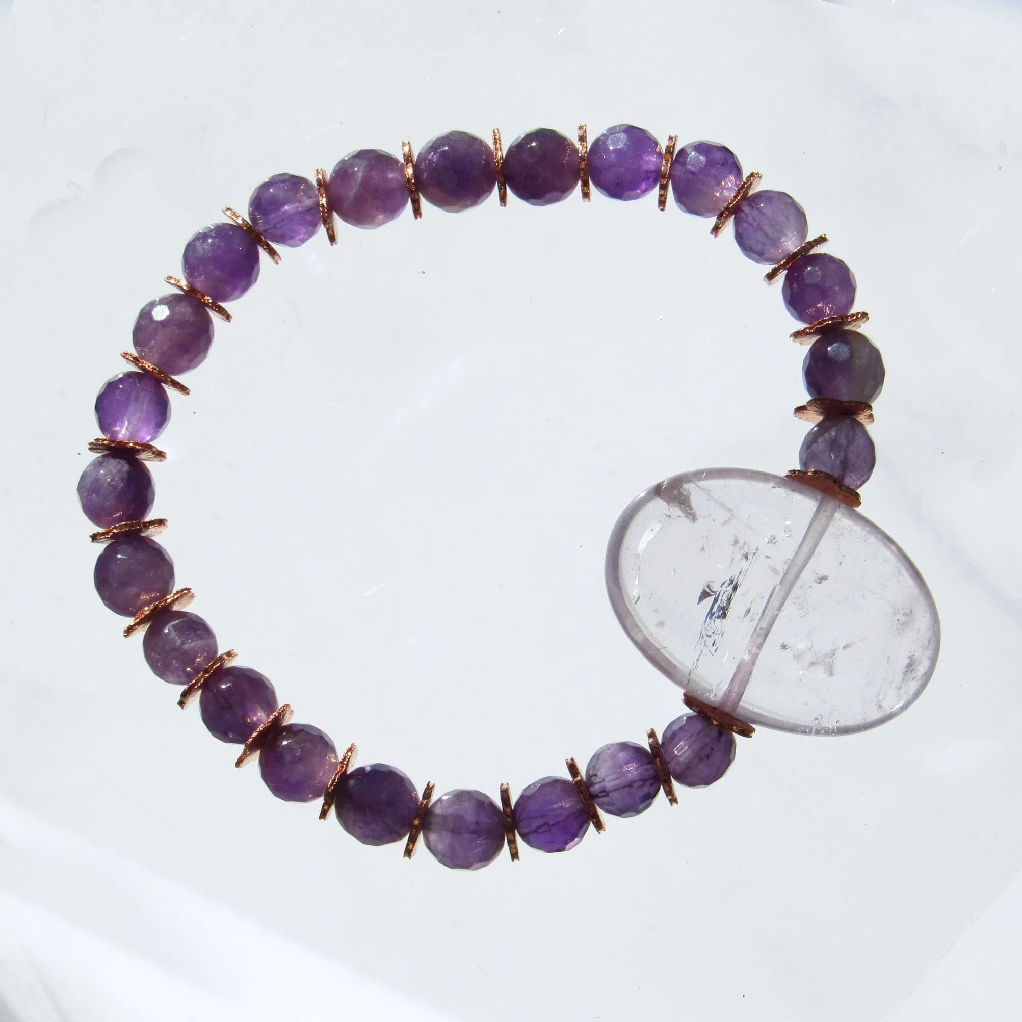 Amethyst gemstone and copper crystal beaded stretch bracelet