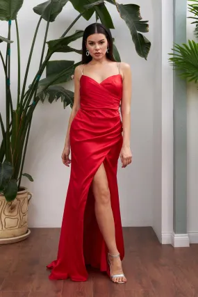 Angelino Red Satin Stone Strap Long Evening Dress