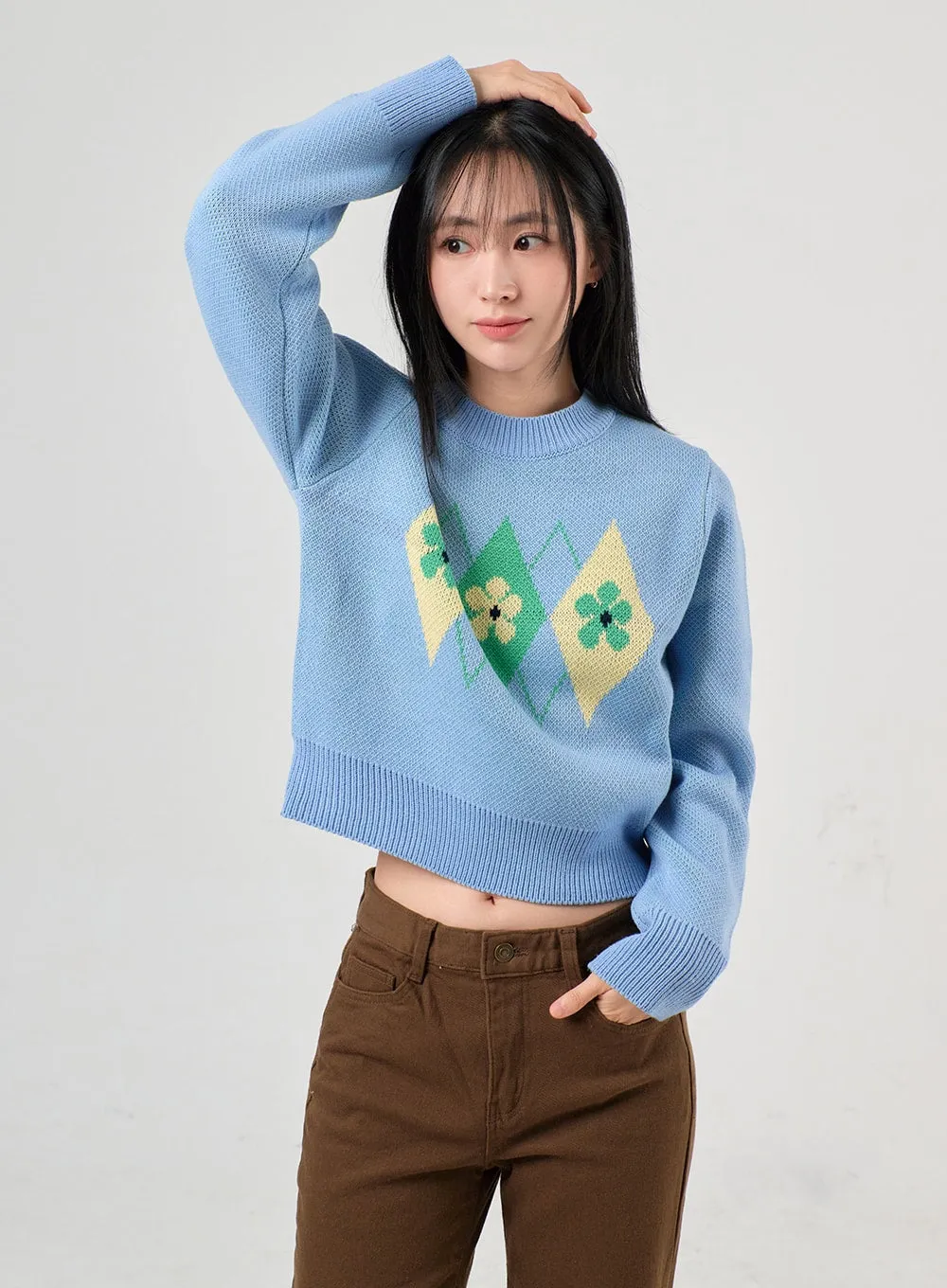 Argyle Pattern Crew Neck Sweater OF405