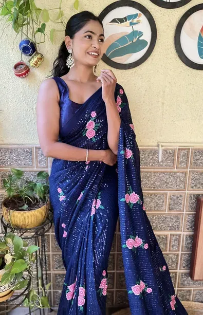 Attractive Blue Colored Georgette Designer And Sequins Work Lace Border With Piping Saree