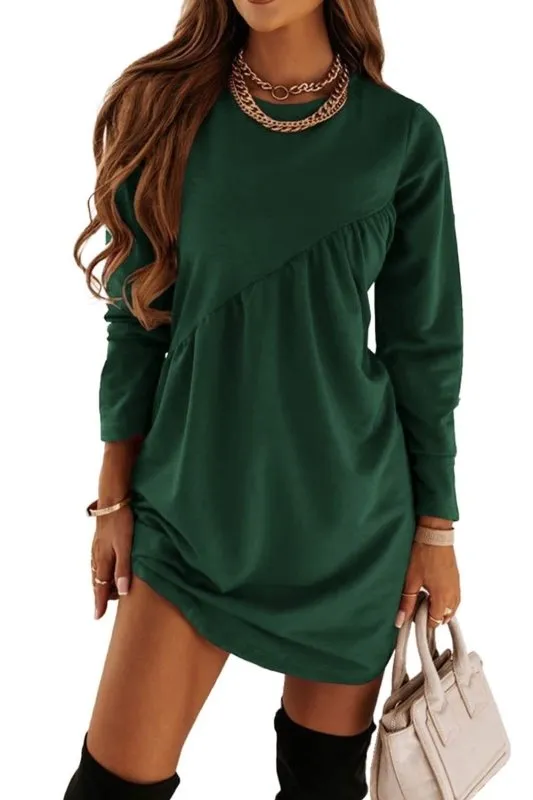 Autumn And Winter Women's Long Sleeved Mini Waist Casual Round Neck Loose Pleated Dress