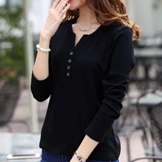 Autumn Fashion Long Sleeve T-Shirt Tops with Button Decoration for Women