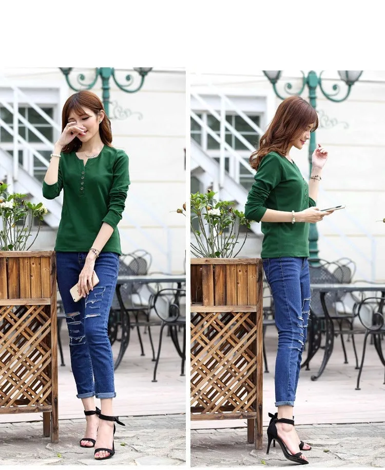 Autumn Fashion Long Sleeve T-Shirt Tops with Button Decoration for Women