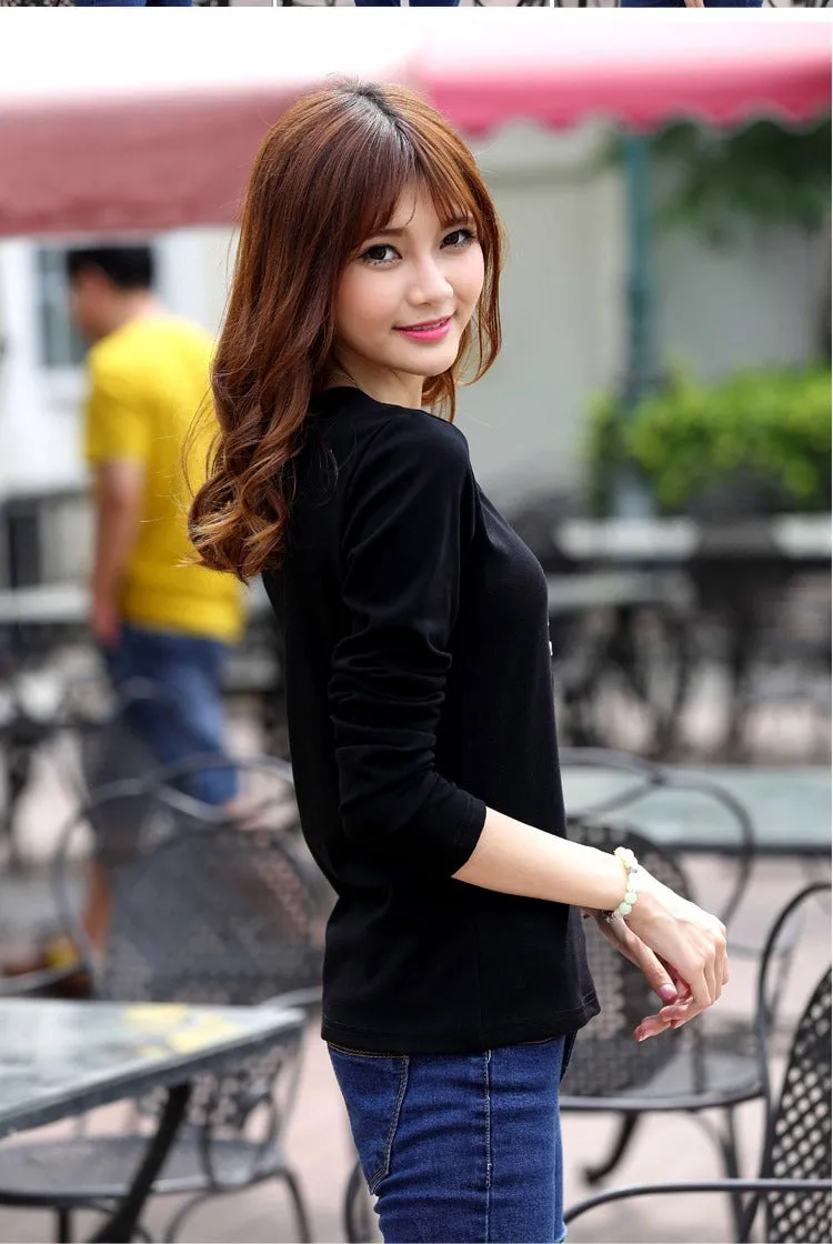 Autumn Fashion Long Sleeve T-Shirt Tops with Button Decoration for Women