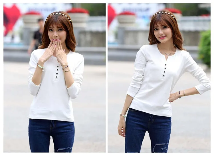 Autumn Fashion Long Sleeve T-Shirt Tops with Button Decoration for Women