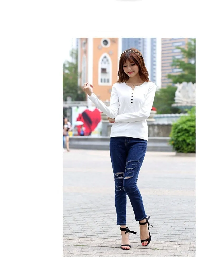 Autumn Fashion Long Sleeve T-Shirt Tops with Button Decoration for Women