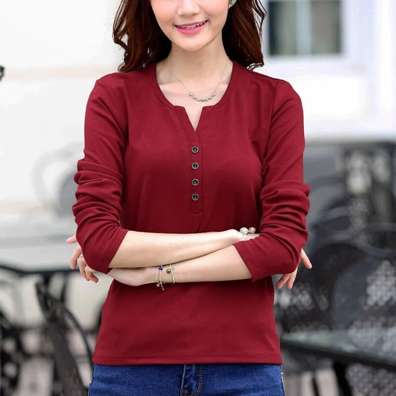 Autumn Fashion Long Sleeve T-Shirt Tops with Button Decoration for Women