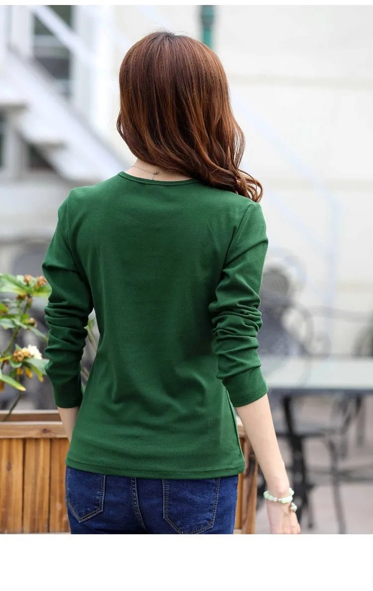 Autumn Fashion Long Sleeve T-Shirt Tops with Button Decoration for Women