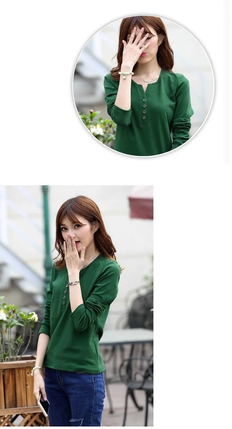 Autumn Fashion Long Sleeve T-Shirt Tops with Button Decoration for Women