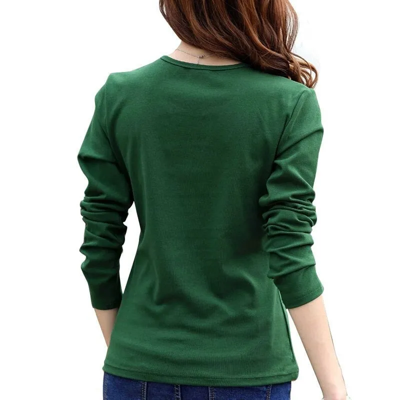 Autumn Fashion Long Sleeve T-Shirt Tops with Button Decoration for Women