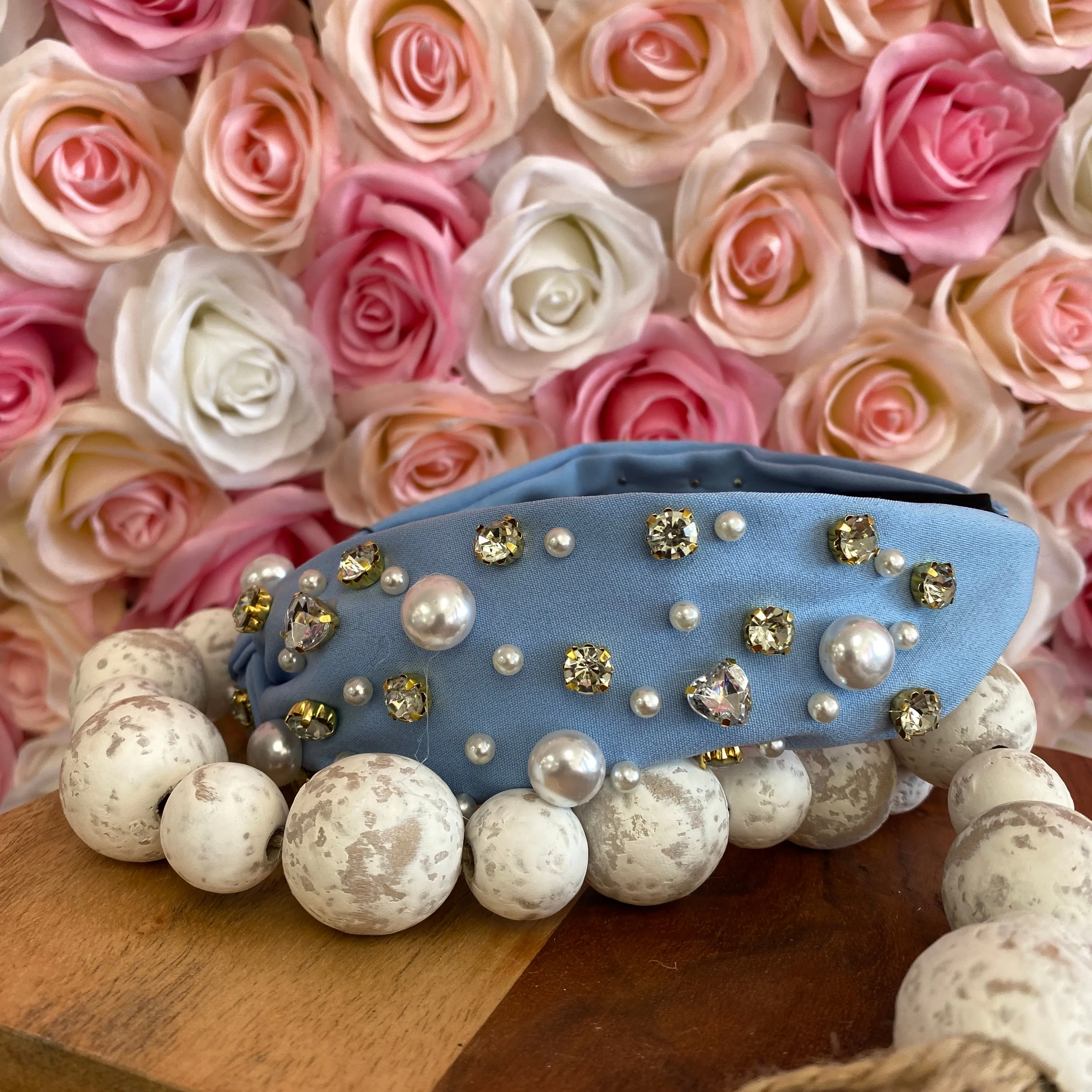 BABY BLUE PEARL & CRYSTAL STUDDED KNOTTED HEADBAND